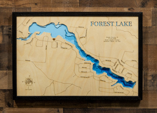 A high-quality 3D laser-cut wooden map of Forest Lake in Alger, 
Michigan. Featuring a natural wood top layer that traces the 
6-mile shoreline and multi-layered water depths stained in a 
vibrant blue gradient. This elegant topographic art piece is a 
perfect centerpiece for a lakeside cottage or modern office, 
capturing the detailed contours of this 177-acre private 
reservoir with artistic precision and handcrafted quality.
