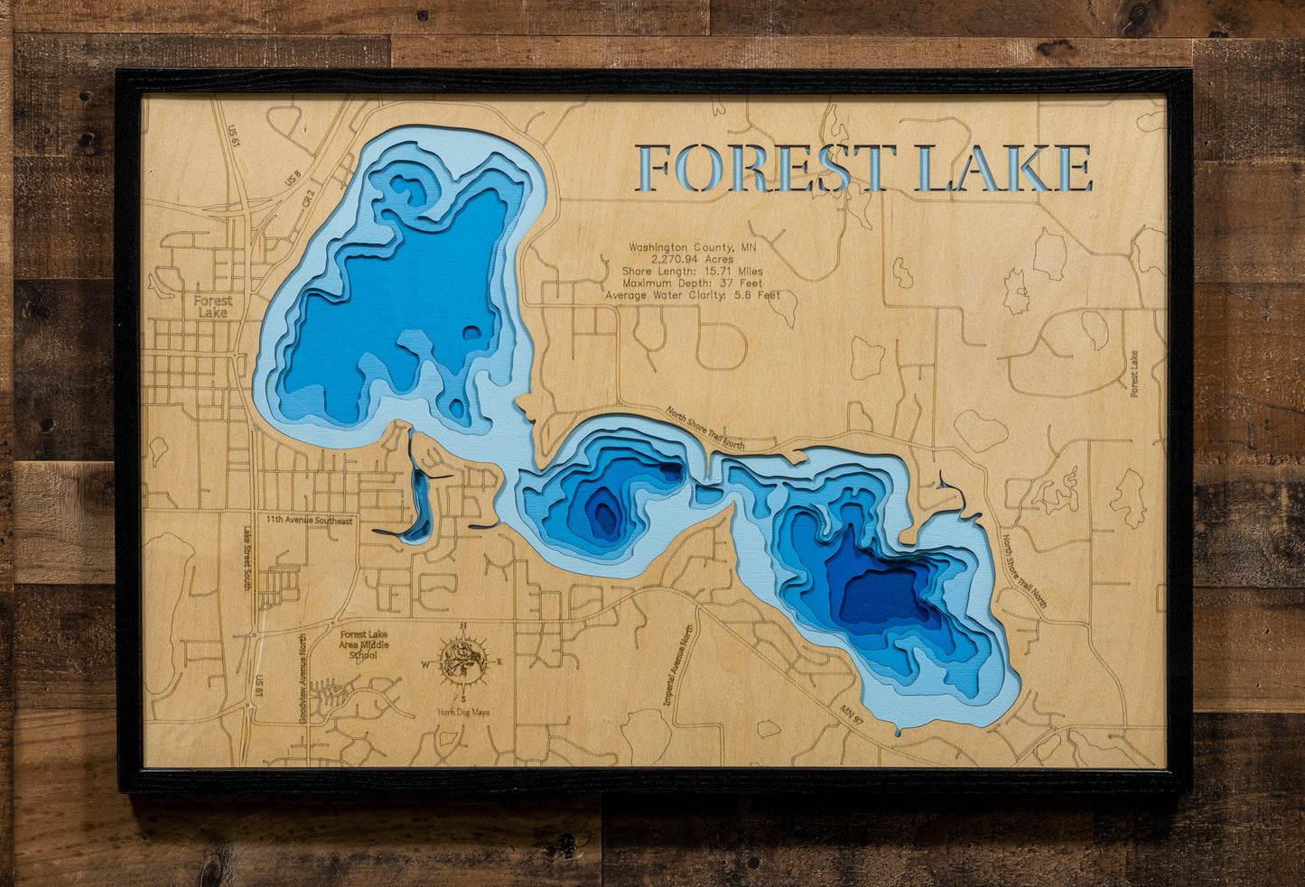 Forest Lake in Washington County, MN engraved wood map, showcasing accurate topographical features.