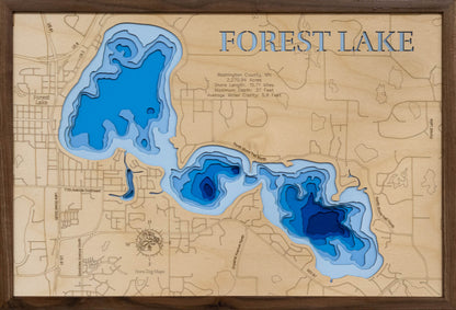 Forest Lake in Washington County, MN engraved wood map, showcasing accurate topographical features.