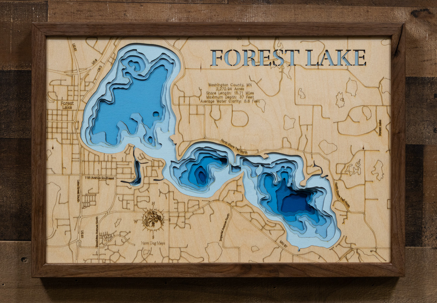 Forest Lake in Washington County, MN engraved wood map, showcasing accurate topographical features.