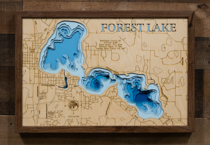 Forest Lake in Washington County, MN engraved wood map, showcasing accurate topographical features.