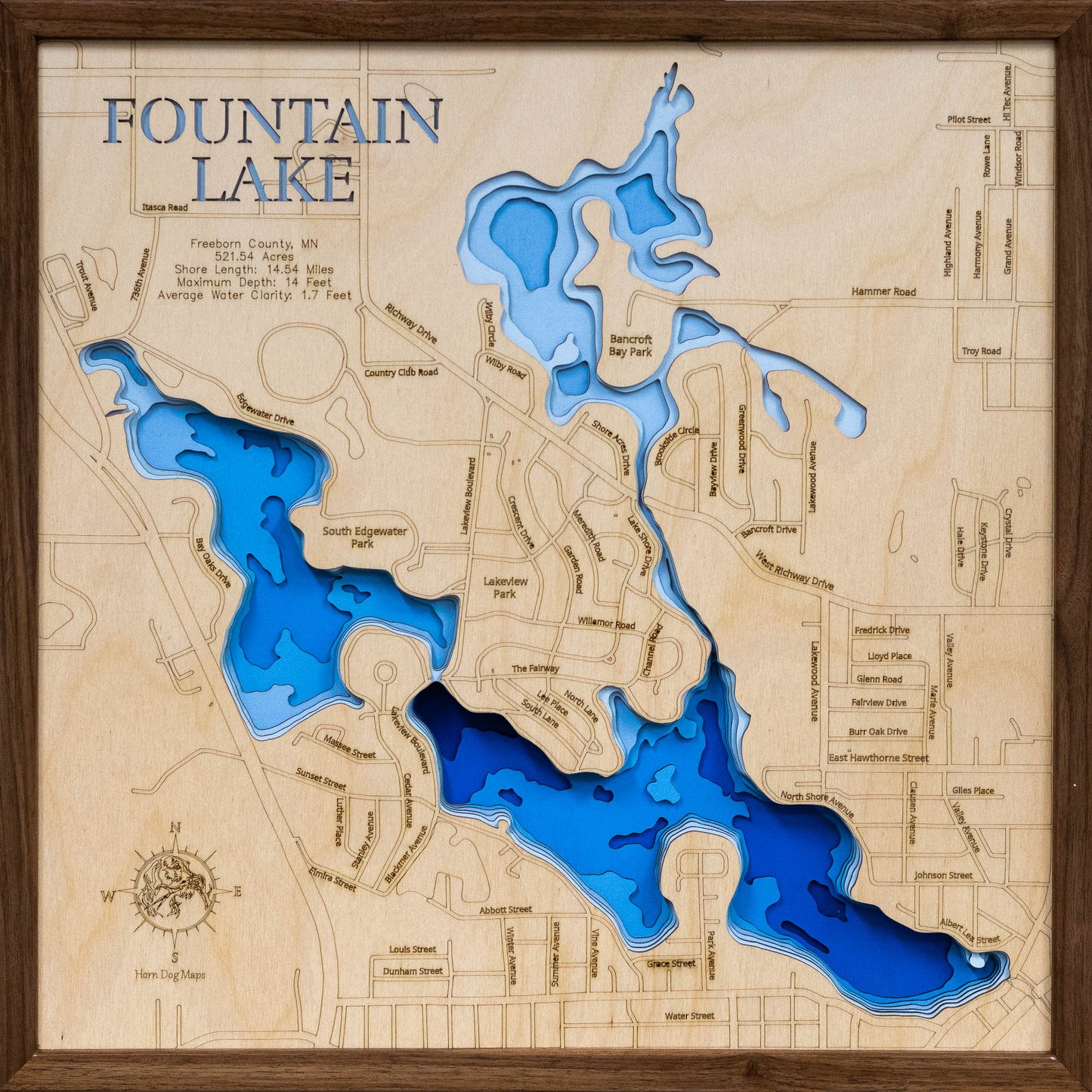 High-definition wooden relief map of Fountain Lake in Freeborn County, MN, handmade for durability.