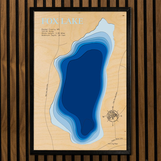 Fox Lake in Becker County, MN in stunning 3D wood map design, with detailed topography.