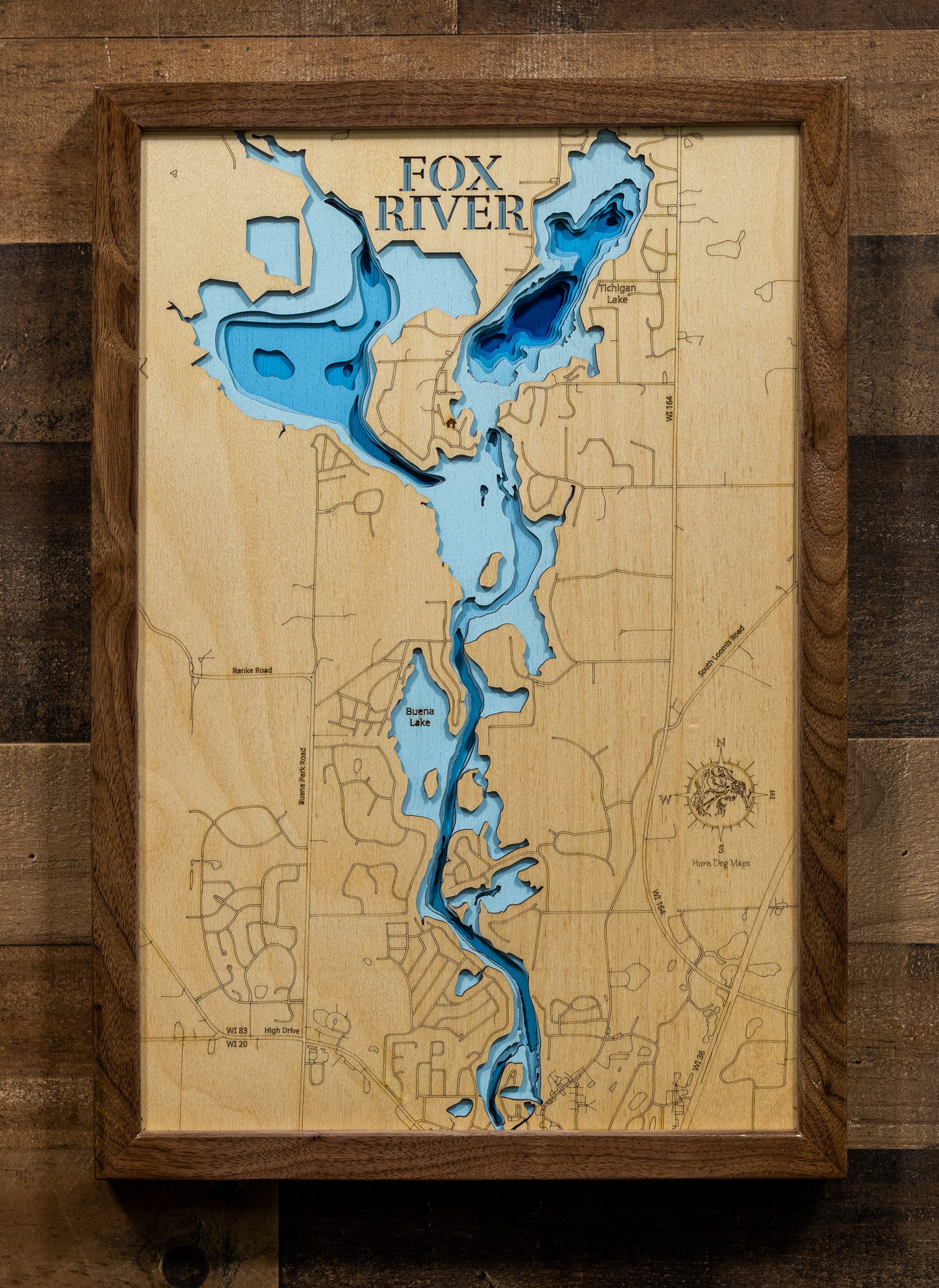 High-definition wooden relief map of Fox River from Lake Tichigan to Waterford Dam, Racine County, WI, handmade for durability.