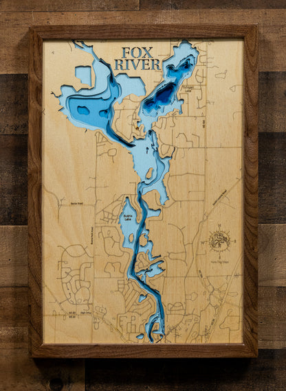 High-definition wooden relief map of Fox River from Lake Tichigan to Waterford Dam, Racine County, WI, handmade for durability.