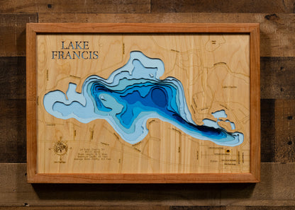 Lake Francis in Le Sueur County, MN in stunning 3D wood map design, with detailed topography.
