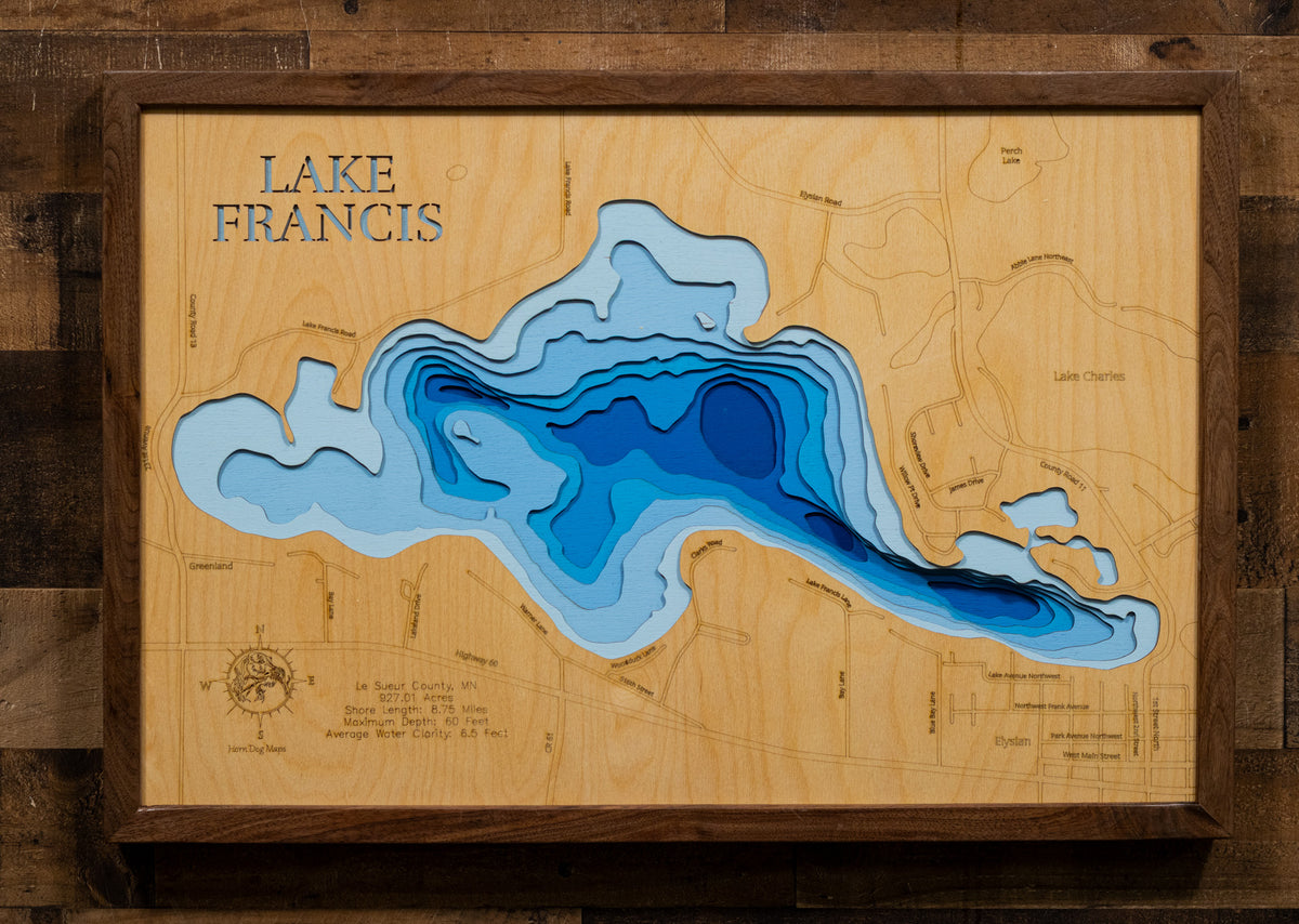 Lake Francis in Le Sueur County, MN in stunning 3D wood map design, with detailed topography.