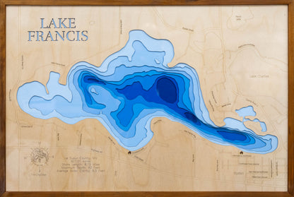 Lake Francis in Le Sueur County, MN in stunning 3D wood map design, with detailed topography.