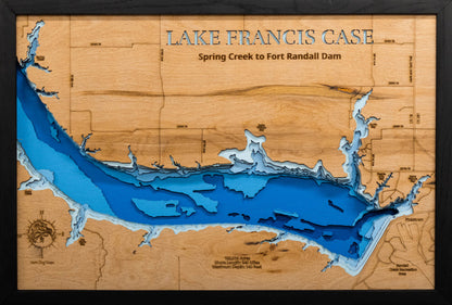 Custom wooden map of Lake Francis Case from Spring Creek to Fort Randall Dam, SD with layered depth highlights.