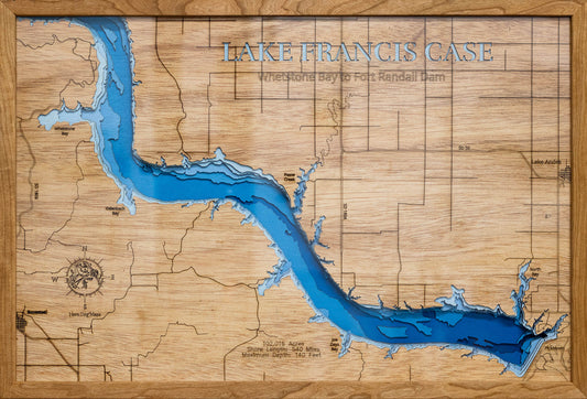 Laser-engraved relief map of Lake Francis Case from Whetstone Bay to Fort Randall Dam, SD, crafted from wood with high precision.