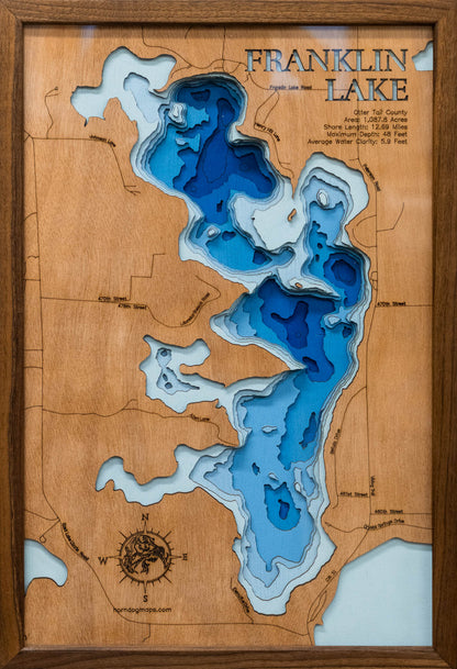 Artisanally carved wooden lake map of Franklin Lake in Otter Tail County, MN, highlighting bathymetry.