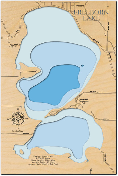 Precision-cut wooden map of Freeborn Lake in Freeborn County, MN, perfect for unique decor.