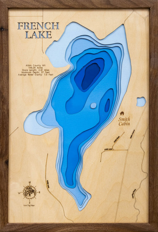 Exquisite wooden map of French Lake in Aitkin County, MN with detailed lakebed features.