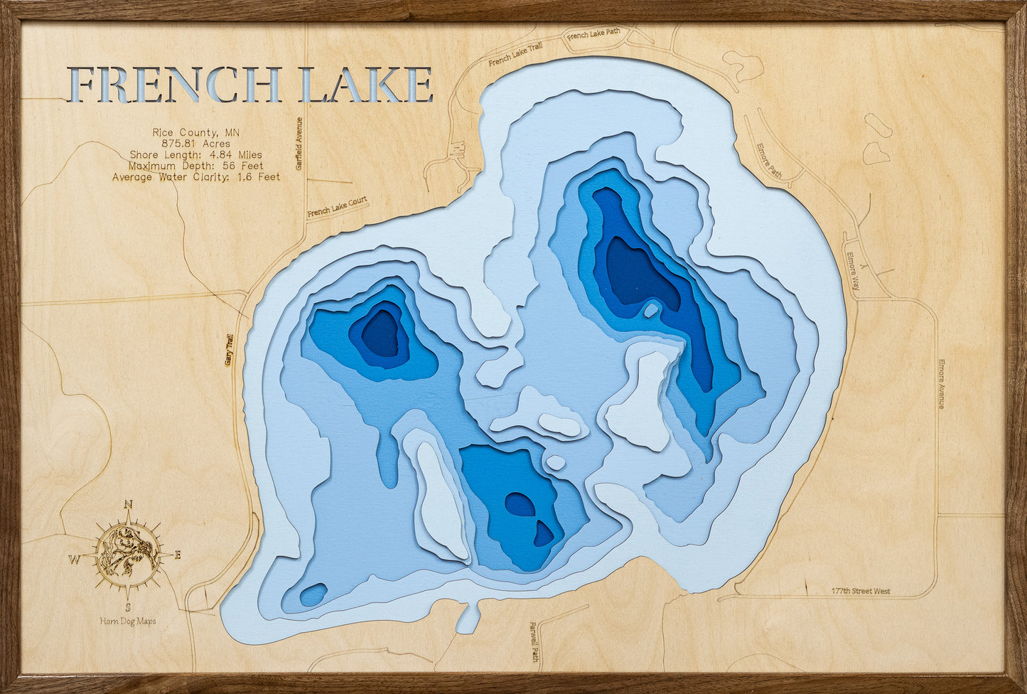 French Lake in Rice County, MN engraved wood map, showcasing accurate topographical features.