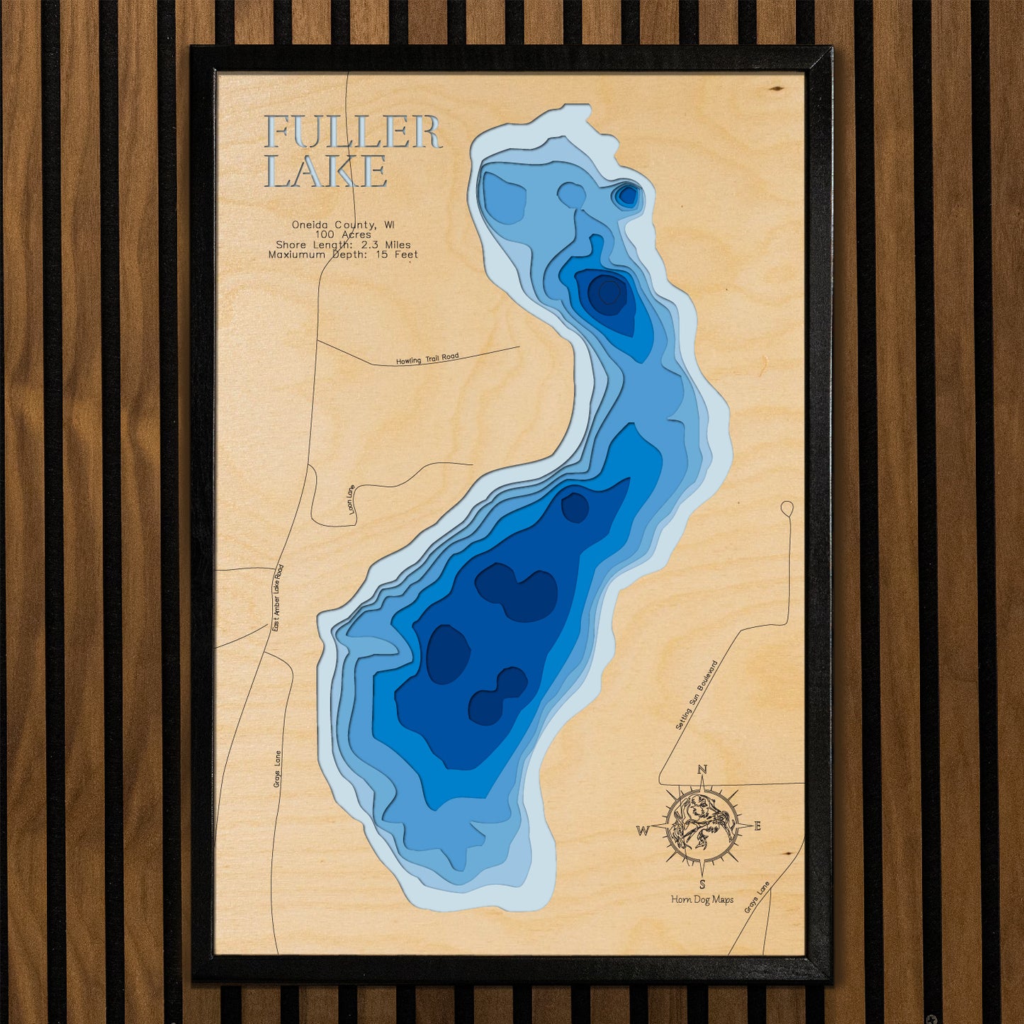 Fuller Lake in Oneida County, MN custom 3D wood map, perfect for home decor and gifts.