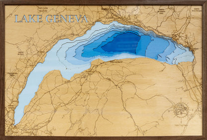 Lake Geneva in Switzerland and France custom 3D wood map, perfect for home decor and gifts.