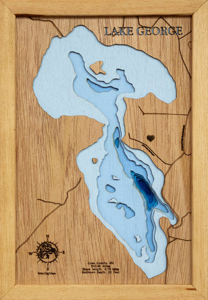 Decorative 3D wooden lake map of Lake George in Cass County, MN, crafted with care.