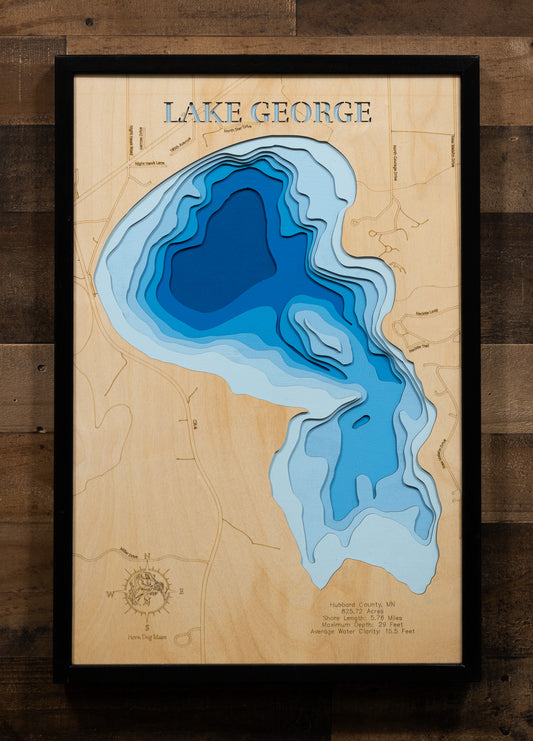 High-definition wooden relief map of Lake George in Hubbard County, MN, handmade for durability.