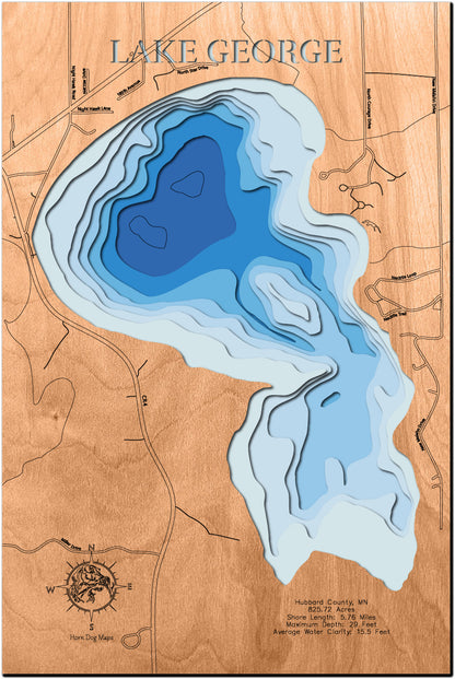 High-definition wooden relief map of Lake George in Hubbard County, MN, handmade for durability.