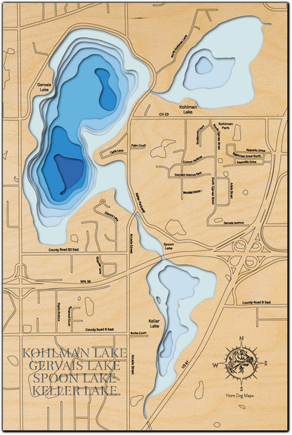 Handcrafted 3D wood map of Kohlman, Gervais, Spoon, and Keller Lakes in Ramsey County, MN, ideal for lake enthusiasts.