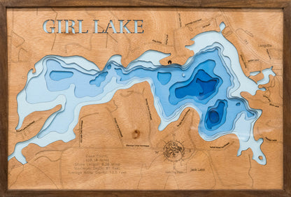 Girl Lake in Cass County, MN engraved wood map, showcasing accurate topographical features.