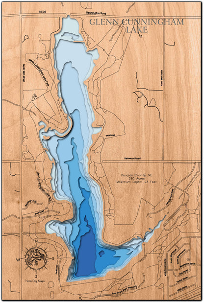 Glenn Cunningham Lake in Douglas County, NE in stunning 3D wood map design, with detailed topography.