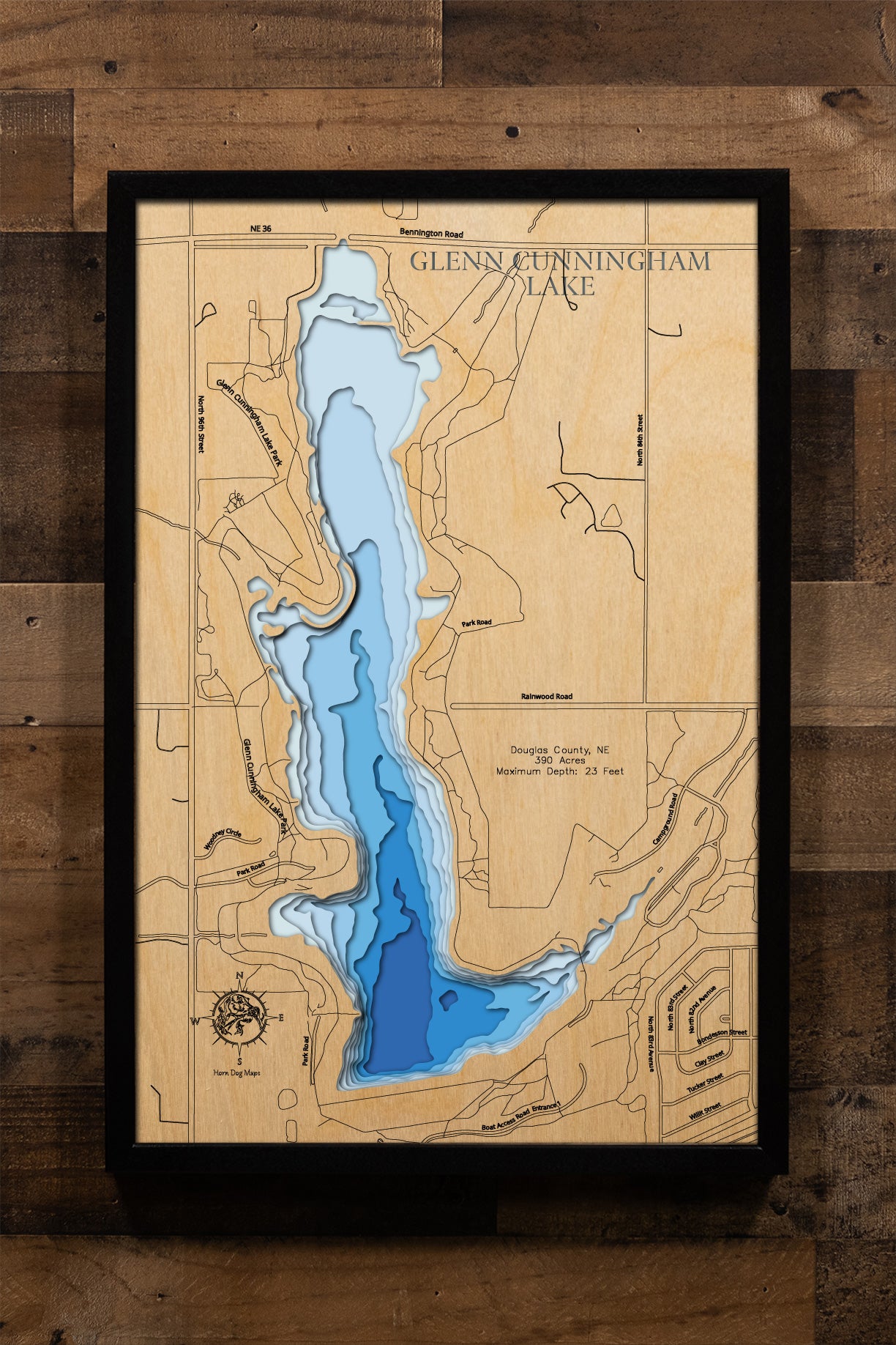 Glenn Cunningham Lake in Douglas County, NE in stunning 3D wood map design, with detailed topography.