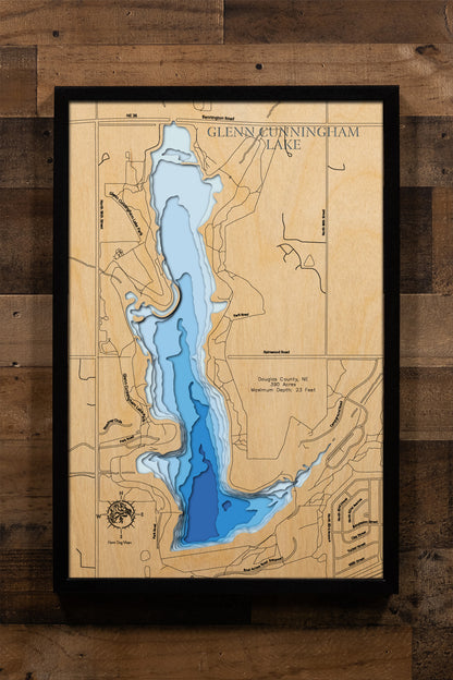 Glenn Cunningham Lake in Douglas County, NE in stunning 3D wood map design, with detailed topography.