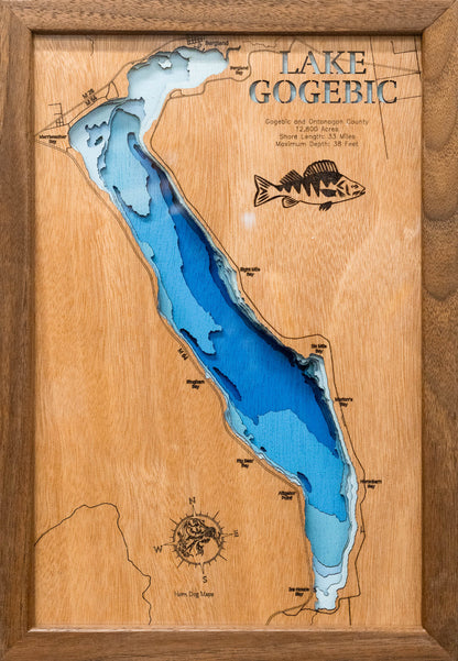 Precision-cut wooden map of Lake Gogebic in Gogebic and Ontonogon County, Michigan, perfect for unique decor.