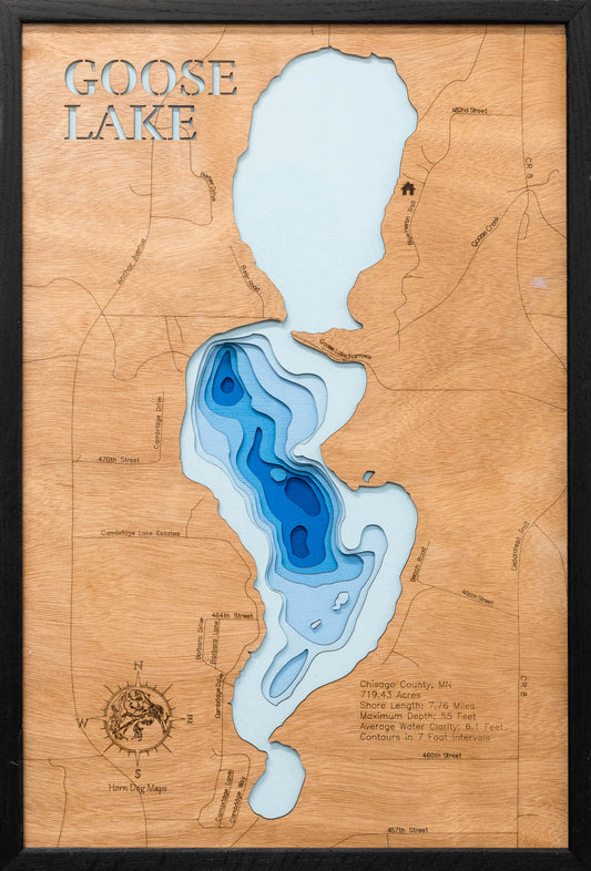 Laser-engraved relief map of Goose Lake in Chisago County, MN, crafted from wood with high precision.