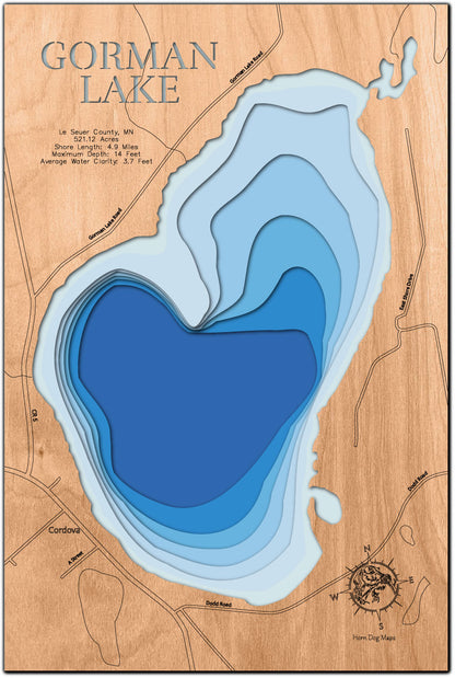 Custom wooden map of Gorman Lake in Le Seuer County, MN with layered depth highlights.