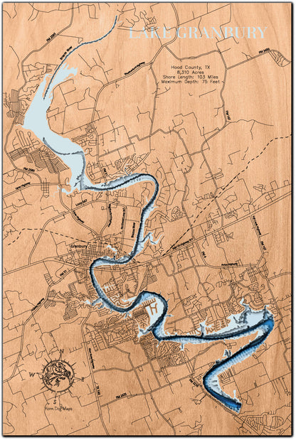 Unique wooden lake map of Granbury Lake in Hood County, TX, featuring intricate depth details.