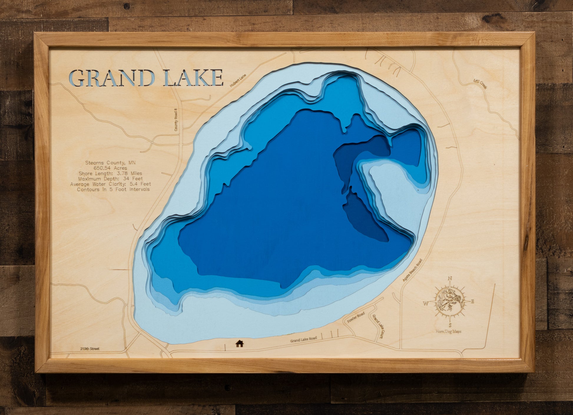 Grand Lake in Stearns County, MN 3D depth map, laser cut from high-quality wood.