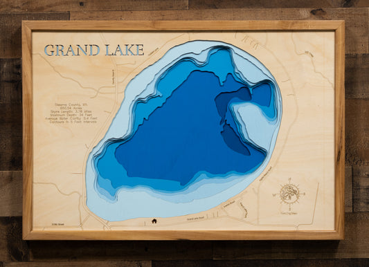 Grand Lake in Stearns County, MN 3D depth map, laser cut from high-quality wood.