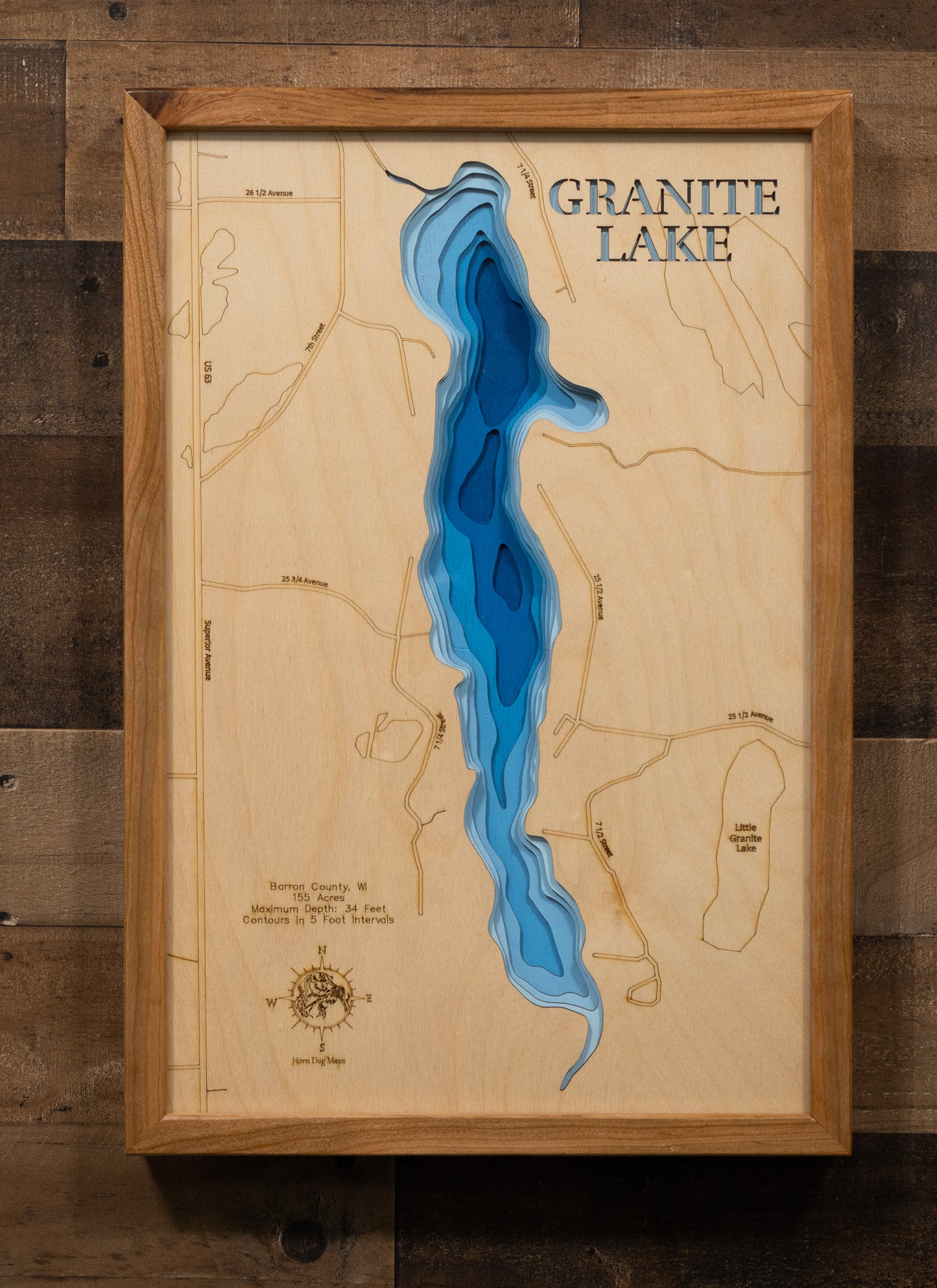 Handcrafted 3D wood map of Granite Lake in Barron County, WI, ideal for lake enthusiasts.