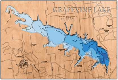 Handcrafted 3D wood map of Grapevine Lake in Denton and Tarrant Counties, TX, ideal for lake enthusiasts.