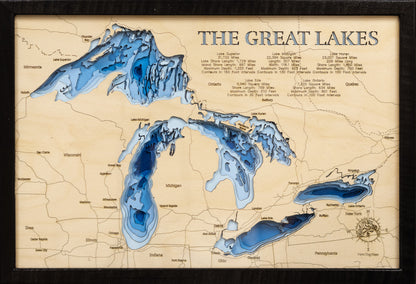 Handcrafted 3D wood map of All 5 Great Lakes, ideal for lake enthusiasts.