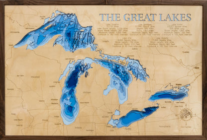 Handcrafted 3D wood map of All 5 Great Lakes, ideal for lake enthusiasts.