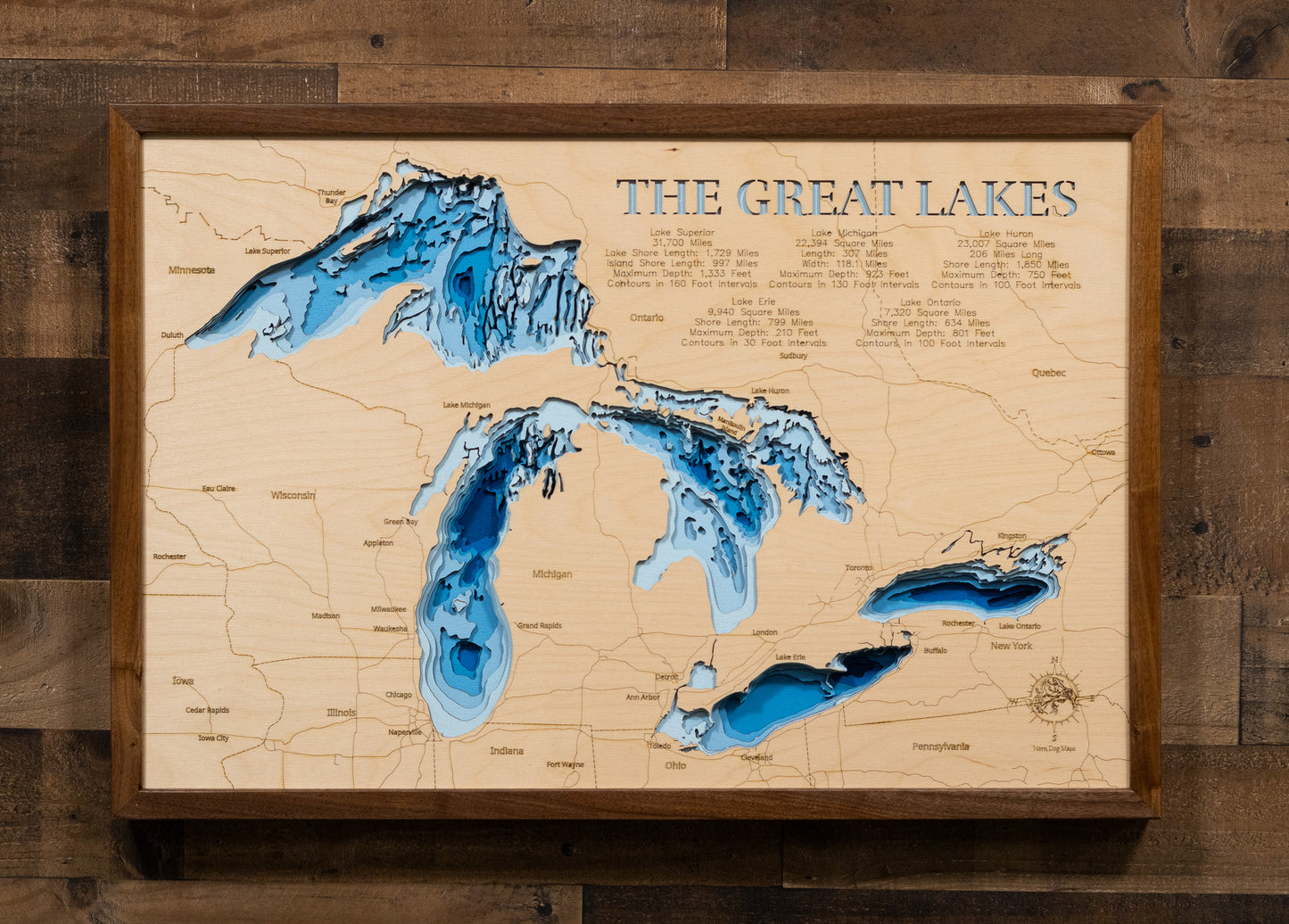 Handcrafted 3D wood map of All 5 Great Lakes, ideal for lake enthusiasts.