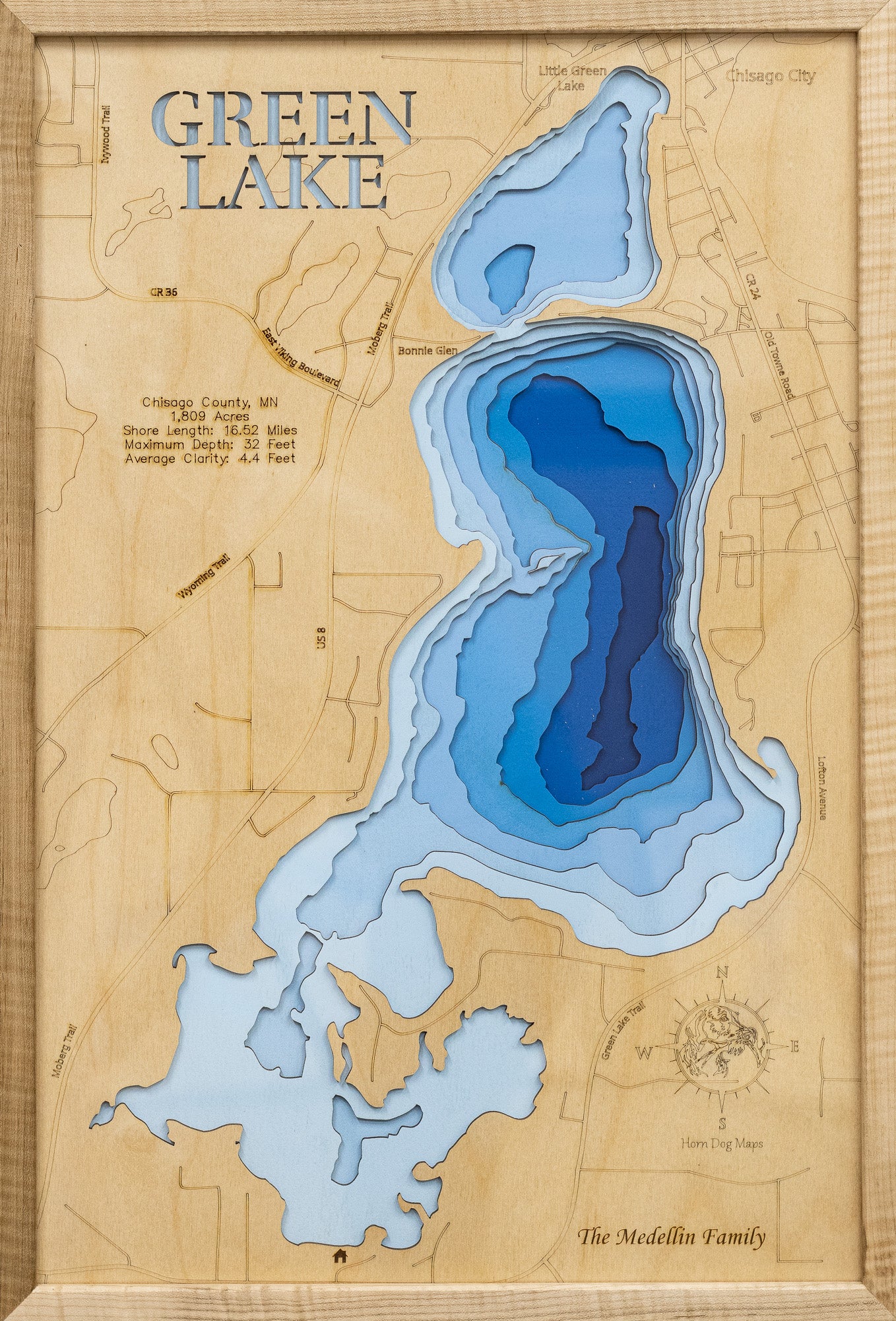 Detailed wooden relief map of Green Lake in Chisago County, Minnesota, showcasing its natural beauty.