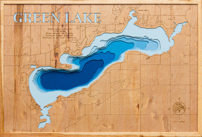 Handcrafted 3D wood map of Green Lake in Green Lake County, WI, ideal for lake enthusiasts.