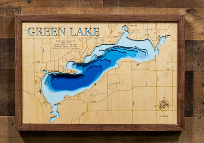 Handcrafted 3D wood map of Green Lake in Green Lake County, WI, ideal for lake enthusiasts.