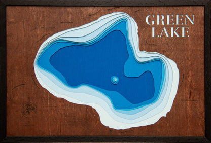 Laser Cut Lake Map of Green Lake engraved wood map, showcasing accurate topographical features.