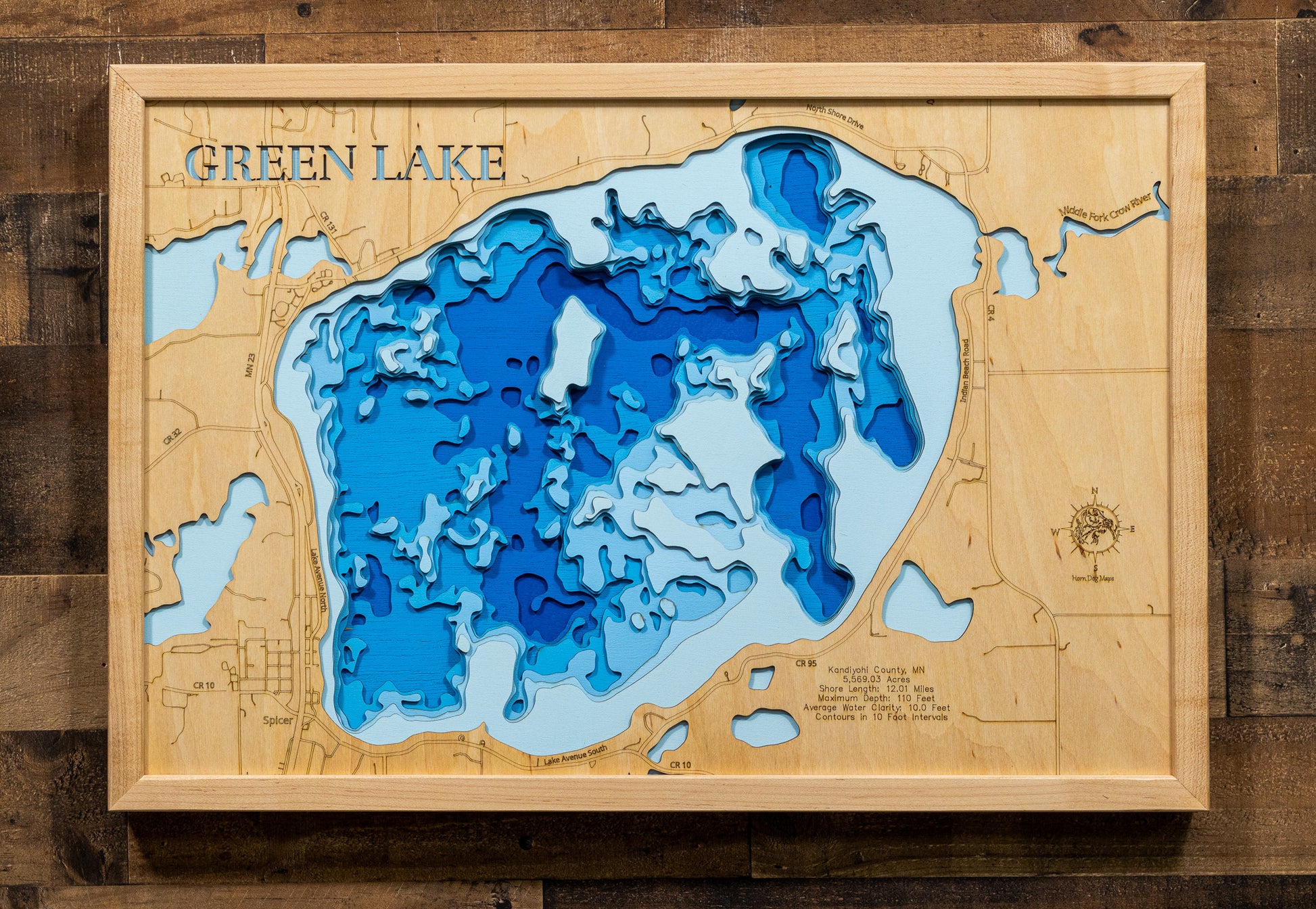 Green Lake in Kandiyohi County, MN custom 3D wood map, perfect for home decor and gifts.