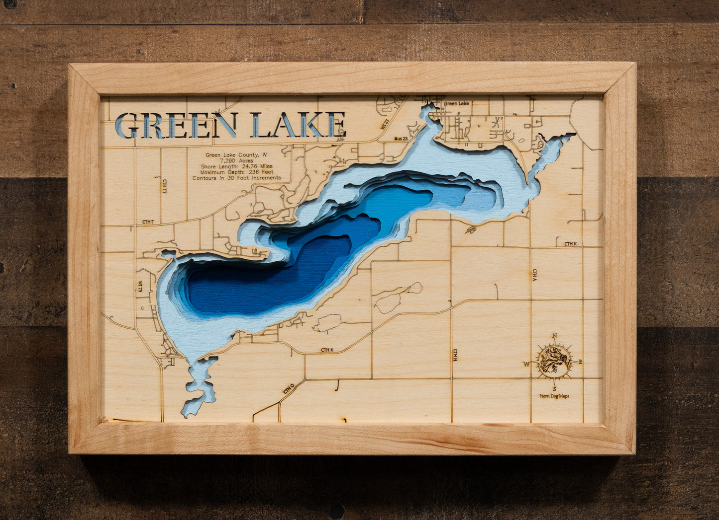 Handcrafted 3D wood map of Green Lake in Green Lake County, WI, ideal for lake enthusiasts.