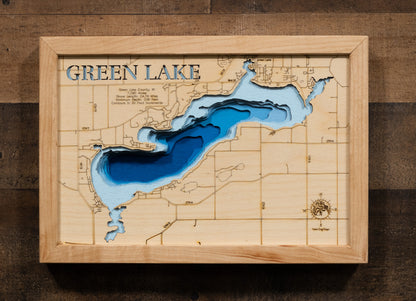 Handcrafted 3D wood map of Green Lake in Green Lake County, WI, ideal for lake enthusiasts.