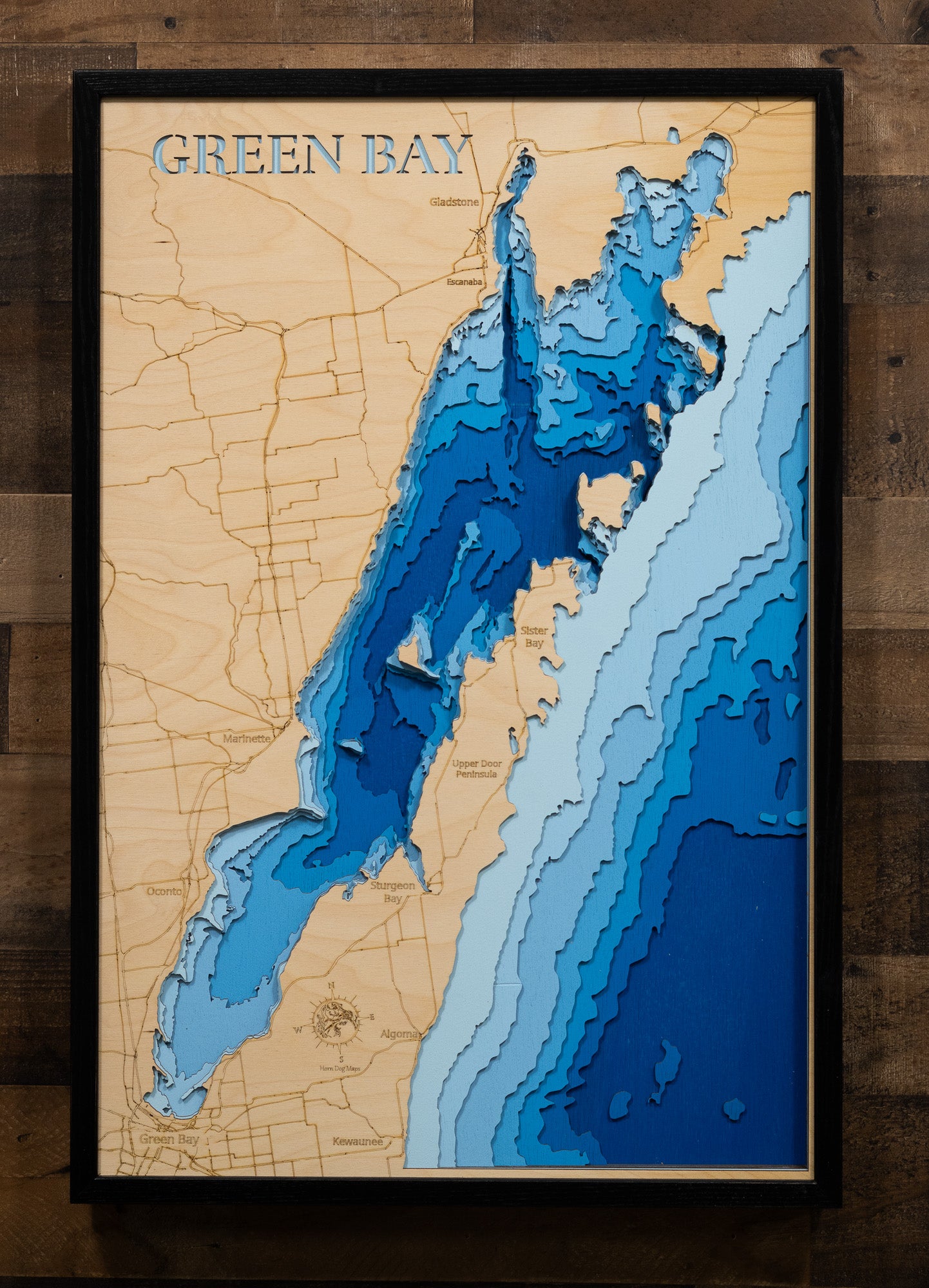 Laser-engraved relief map of 3D Wooden Lake Map of Green Bay in Wisconsin, crafted from wood with high precision.