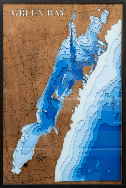 Laser-engraved relief map of 3D Wooden Lake Map of Green Bay in Wisconsin, crafted from wood with high precision.