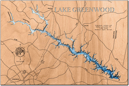 Precision-cut wooden map of Lake Greenwood in Greenwood, Laurens, and Newberry Counties, SC, perfect for unique decor.