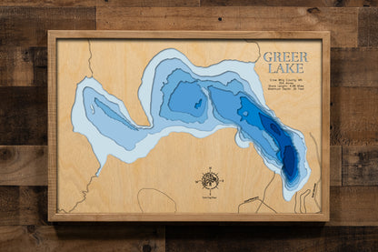 A high-quality 3D laser-cut wooden map of Greer Lake in Crow Wing 
County, Minnesota. This topographic art piece features a natural 
birch wood top layer and recessed water layers stained in a 
light-to-dark blue gradient to represent the 35-foot depth. The 
intricate 4.98-mile shoreline is meticulously detailed, making it 
a perfect gift or decor item for any Minnesota lakeside cottage 
or modern interior looking for a touch of rustic charm.